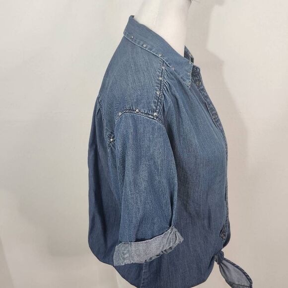 Express Denim Snap-Up Crop Top Tie Front Size XS Western Jean Shirt - Picture 4 of 7